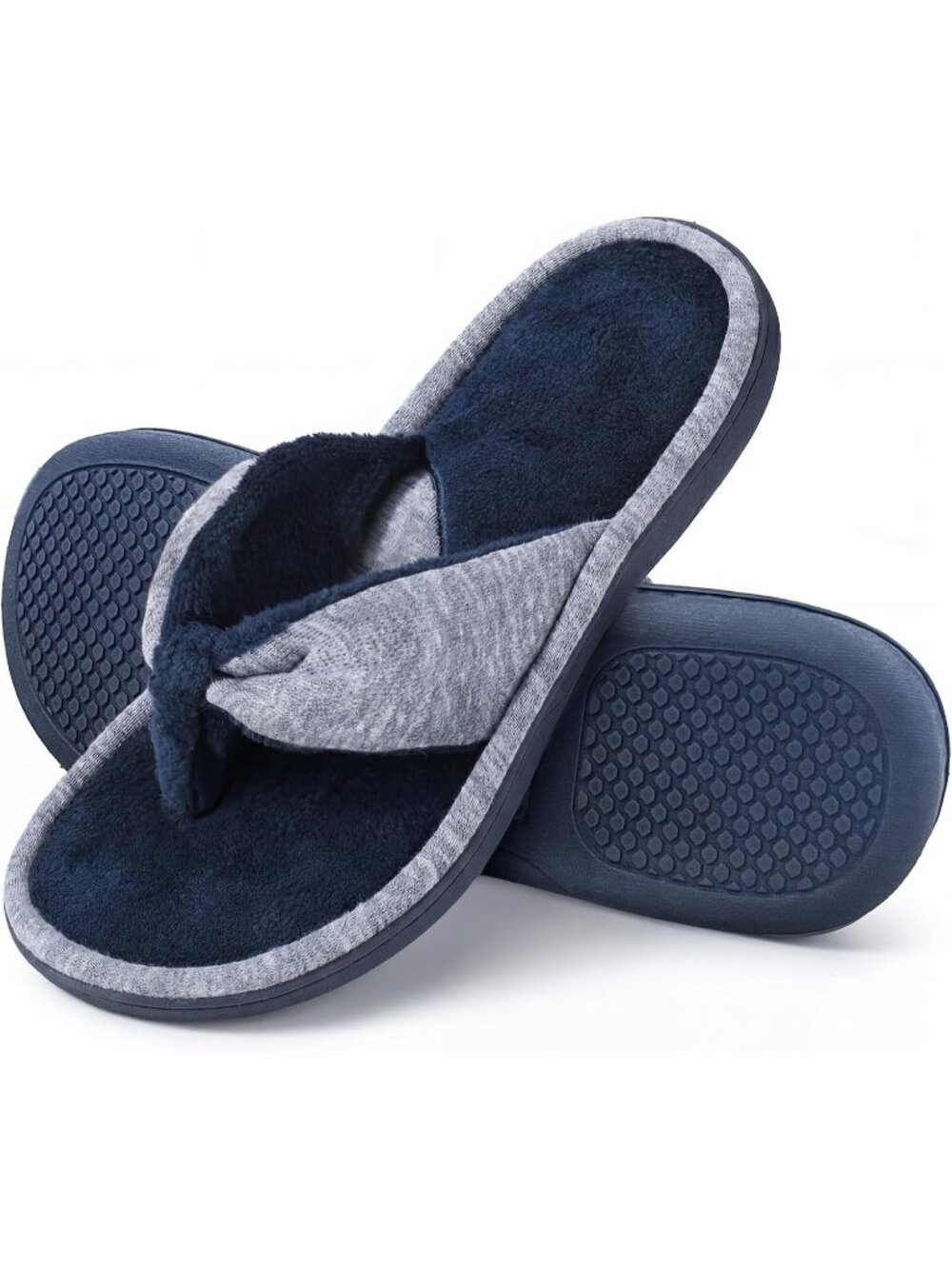 Women's Blue Grey Memory Foam Spa Thong Flip Flops Cozy Indoor Slippers Casual